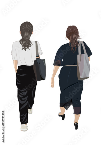 異なる体型の二人の女性後ろ姿イラスト