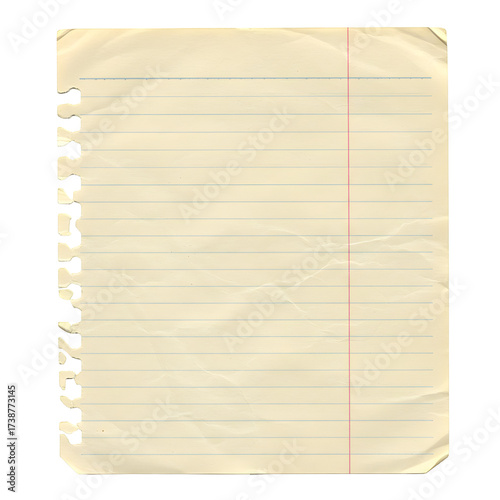 Torn yellow lined notebook paper with red margin, white background, vintage writing sheet
