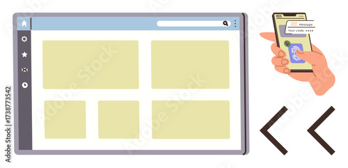Tablet screen showing web layout with menu and icons alongside hand holding smartphone with messaging app. Ideal for technology, web design, UX, interactivity, mobile development, communication