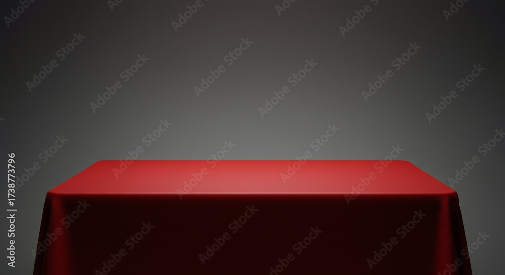 Obraz premium A red tablecloth drapes over a simple table, set against a gradient gray background. The scene is minimalistic and devoid of additional objects.