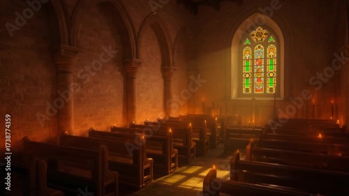 Serene Church Interior: Stained Glass, Candles, and Wooden Benches