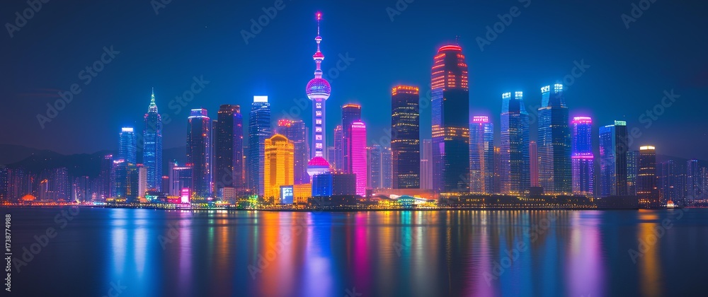 Fototapeta premium a metropolis with towering skyscrapers lit up in various colors