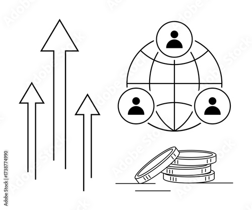 Arrows rising, globe with connected profiles, and stacked coins represent global collaboration, economic growth, and success. Ideal for business, networking, finance, teamwork globalization