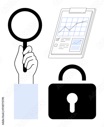 Hand holding magnifying glass, secure lock, and analytics document with graphs. Ideal for research, analysis, security, data protection, investigation problem-solving privacy. Simple flat metaphor