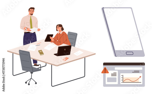Business colleagues reviewing reports at a desk with a laptop, charts, and devices. Nearby phone and screen display alert and analytics. Ideal for teamwork, analytics, communication, problem-solving