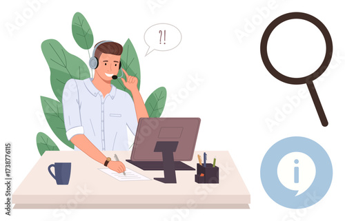 Man in headset assisting via computer, magnifying glass for search, info icon for guidance. Ideal for customer service, tech support, helpdesk, communication, problem-solving, information teamwork