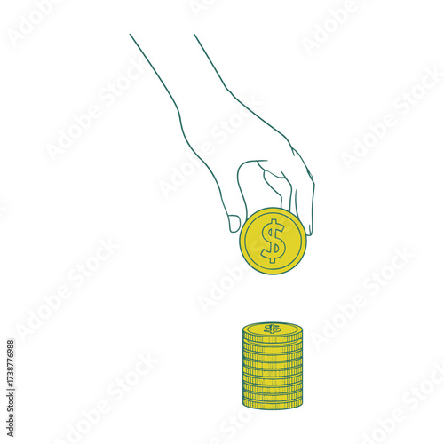 Hand dropping a golden coin into a cylindrical money box with a slot for savings and financial accumulation