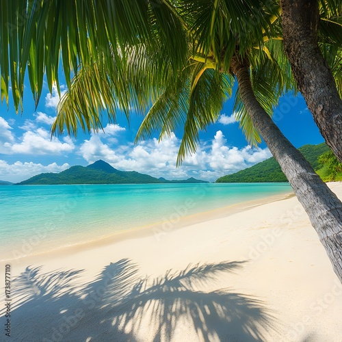 tropical beach paradise with white sand, turquoise water, and palm trees shadow