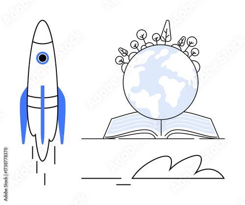 Rocket flying upward symbolizes progress open book holds a globe with plants and a sprout atop. Ideal for education, innovation, environment, sustainability, exploration, nature, growth. Simple flat