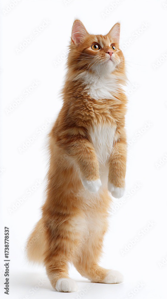 Fototapeta premium Ginger cat standing on hind legs against white background 