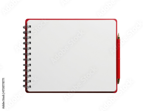 Open blank notebook with spiral binding and red border accompanied by a matching red pen on a plain white background for writing, note taking, and journaling purposes