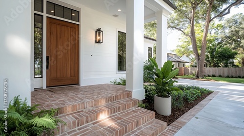 House entrance, brick steps, Florida, sunny day, real estate