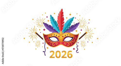Carnival Mask Festive Celebration for 2026 with Colorful Feathers and Sparklers