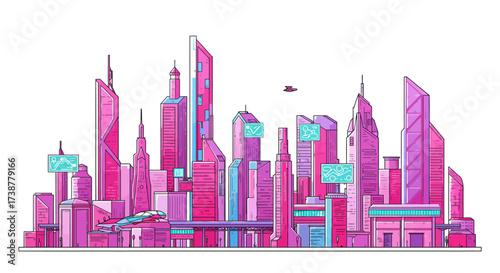 Vibrant Cityscape A Pink and Purple Futuristic Metropolis Illustration