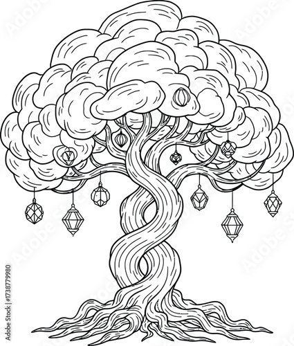 Ornate black and white tree with twisted trunk hanging lanterns and a cloud-like canopy ornate tree fantasy tree
