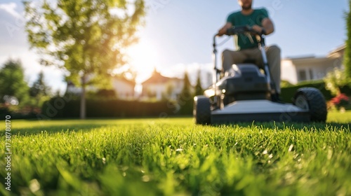 Man mowing lawn, suburban backyard, sunset