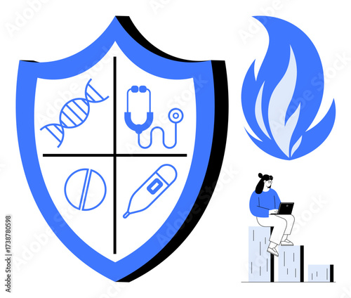 Shield divided into quadrants displaying DNA, stethoscope, pill, and thermometer adjacent flame and seated person on steps using a laptop. Ideal for healthcare, growth, education, safety, innovation