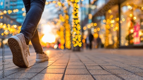 Close-up of person walking in sneakers on city street decorated with lights, urban lifestyle background for mockup
