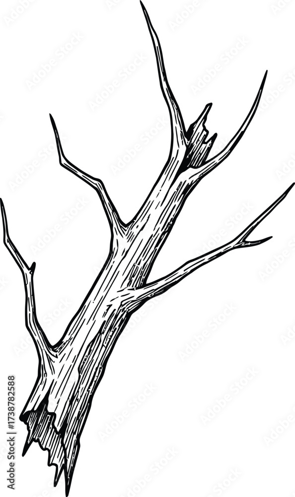 Fototapeta premium Black and white sketch of a broken, gnarled tree branch with sharp points drawing