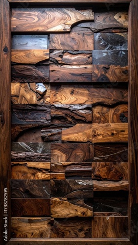 Unique Wooden Door with Intricate Block Pattern.