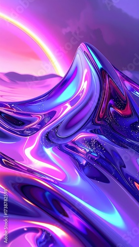 Vibrant Abstract Landscape with Neon Colors and Liquid Reflections.