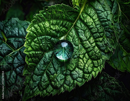 Water droplet on a vibrant green leaf natures beauty captured.