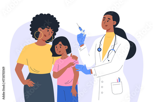 Doctor administering vaccine to a child with mother present