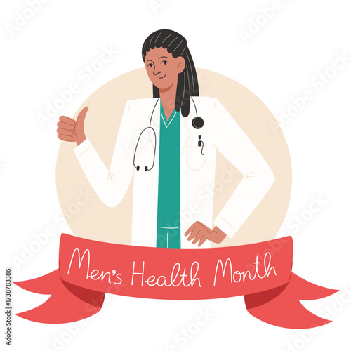 Doctor in white coat with stethoscope giving thumbs up on ribbon