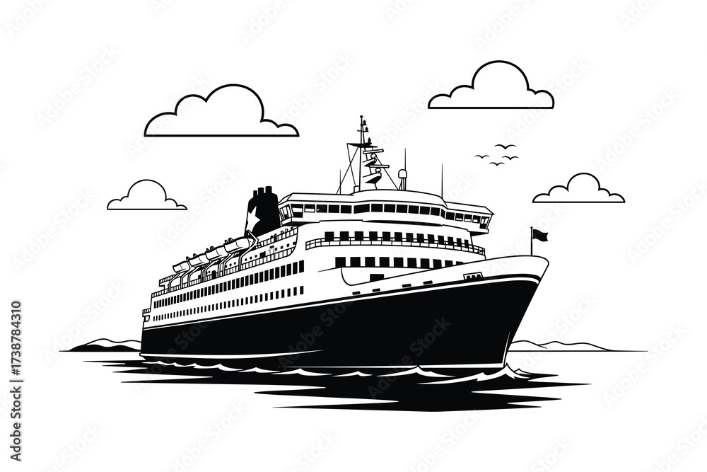Fototapeta premium Cruise ship sailing ocean black and white illustration
