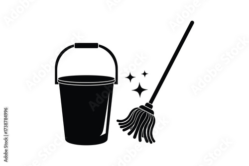Cleaning supplies bucket and mop icon