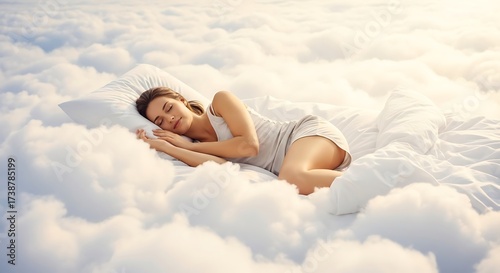 Woman Sleeping peacefully on Clouds.