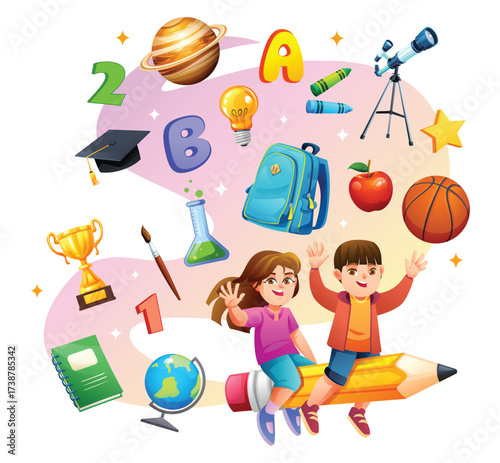 Cheerful children riding a flying pencil surrounded by various learning objects, school supplies, and different subjects. Vector cartoon illustration