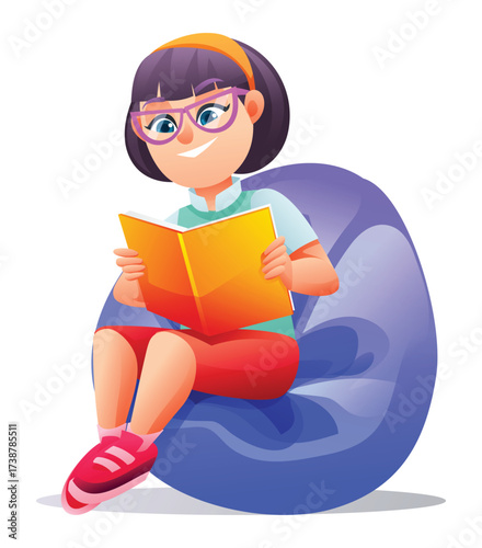 Happy girl with glasses sitting on a comfy bean bag chair, enjoying her time reading a book. Vector cartoon illustration