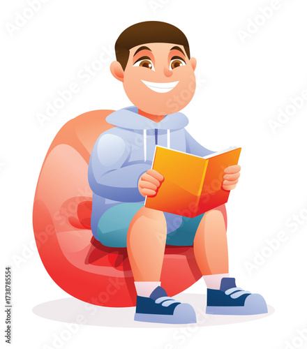 Happy boy sitting on a cozy bean bag chair, smiling widely as he enjoys reading a book. Vector cartoon illustration