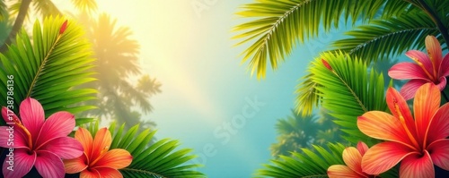 Exotic palm leaves & vibrant blooms, sunny backdrop , colorful, vector, illustration