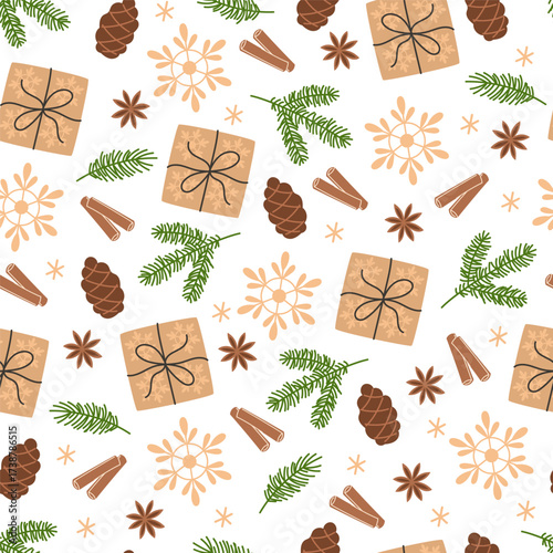 Festive holiday pattern with pine cones cinnamon sticks snowflakes and gifts