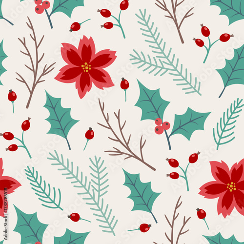 Festive pattern of poinsettias holly berries and pine needles