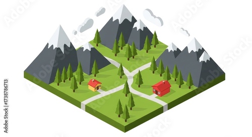 Isometric illustration showcases a scenic mountain landscape with snow-capped peaks, a green valley, and charming houses.