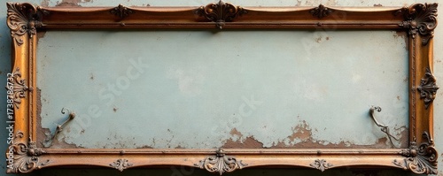 Faded, ornate frame reverse, showing faded paint & hooks, wood, vintage