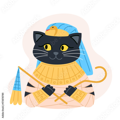 Egyptian cat with hieroglyphs and headdress holding a staff and whip