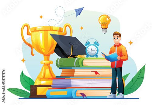 Male student reading a book standing next to a stack of books with a golden trophy and graduation cap. Concept of academic achievement. Vector cartoon illustration