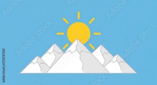 Depicting a bright sun shining over snow-capped mountain peaks against a clear blue sky, this graphic illustration represents a landscape scene showcasing the beauty of nature and summer.