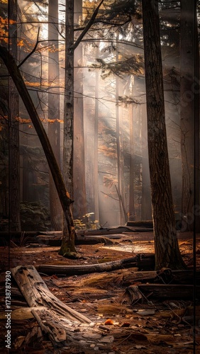 Sunbeams Filtering Through a Dense Forest Canopy.