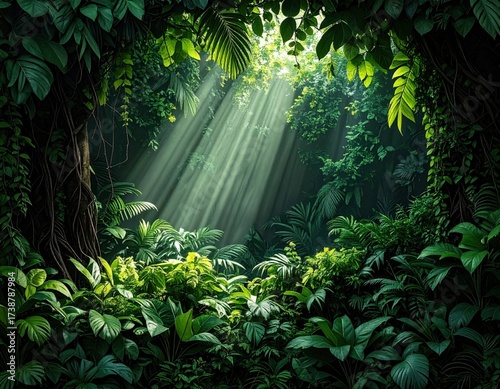 Sunlight Streaming Through Lush Green Jungle Canopy.