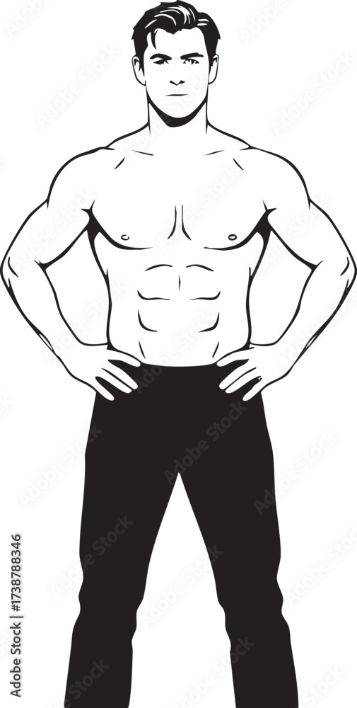 Fototapeta premium Muscular Man Silhouette Standing Confidently Hands On Hips Transparent