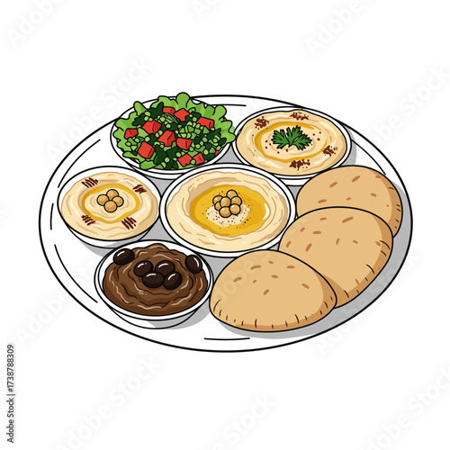 Flat Design Lebanese Mezze Platter, Vector Illustration with Bold Outlines, Isolated on White Background