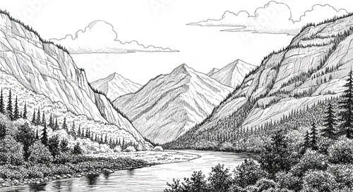 Scenic mountain landscape illustrated with detailed pen and ink techniques, featuring towering peaks, flowing river, lush vegetation, and wispy clouds against a bright sky.