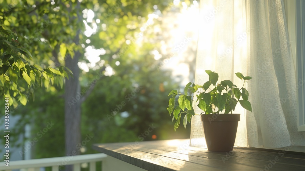 Fototapeta premium Sunlit potted plant on balcony, garden view
