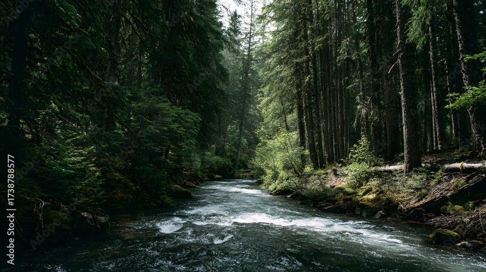 Obraz premium A scenic river flows rapidly through a dense forest, surrounded by tall, verdant trees with a moody, natural aesthetic.