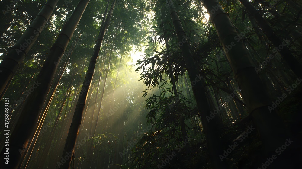 Naklejka premium Dramatic, upward-angled shot showcasing a dense bamboo forest bathed in the warm, ethereal glow of sunlight penetrating through the canopy.